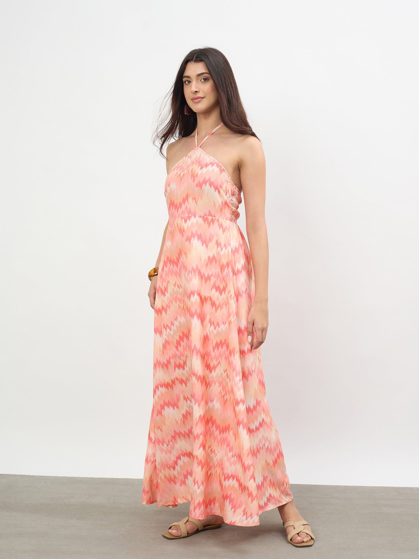 Orange Ikkat Back Tie Halter Neck Maxi Dress