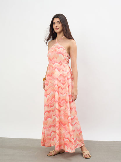 Orange Ikkat Back Tie Halter Neck Maxi Dress