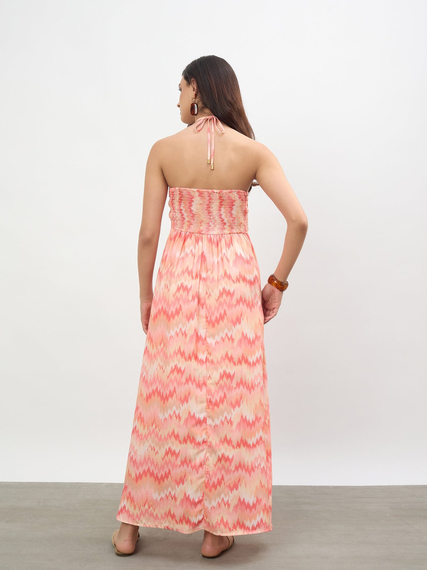 Orange Ikkat Back Tie Halter Neck Maxi Dress