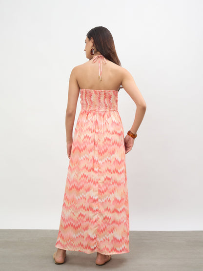 Orange Ikkat Back Tie Halter Neck Maxi Dress
