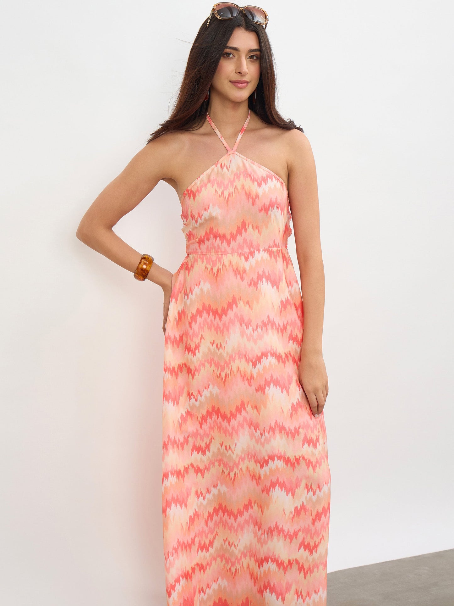 Orange Ikkat Back Tie Halter Neck Maxi Dress