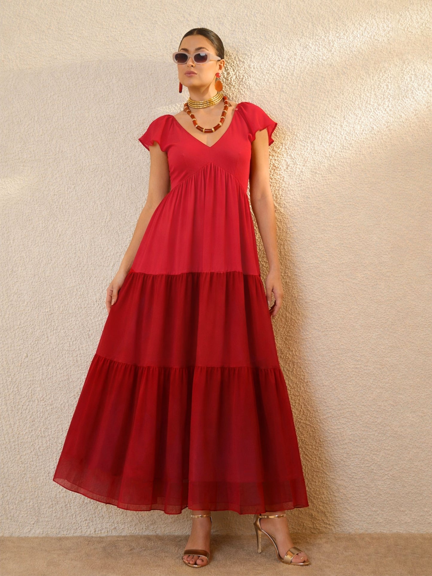 Red Colour Blocked Frill Sleeves Tiered Maxi Dress