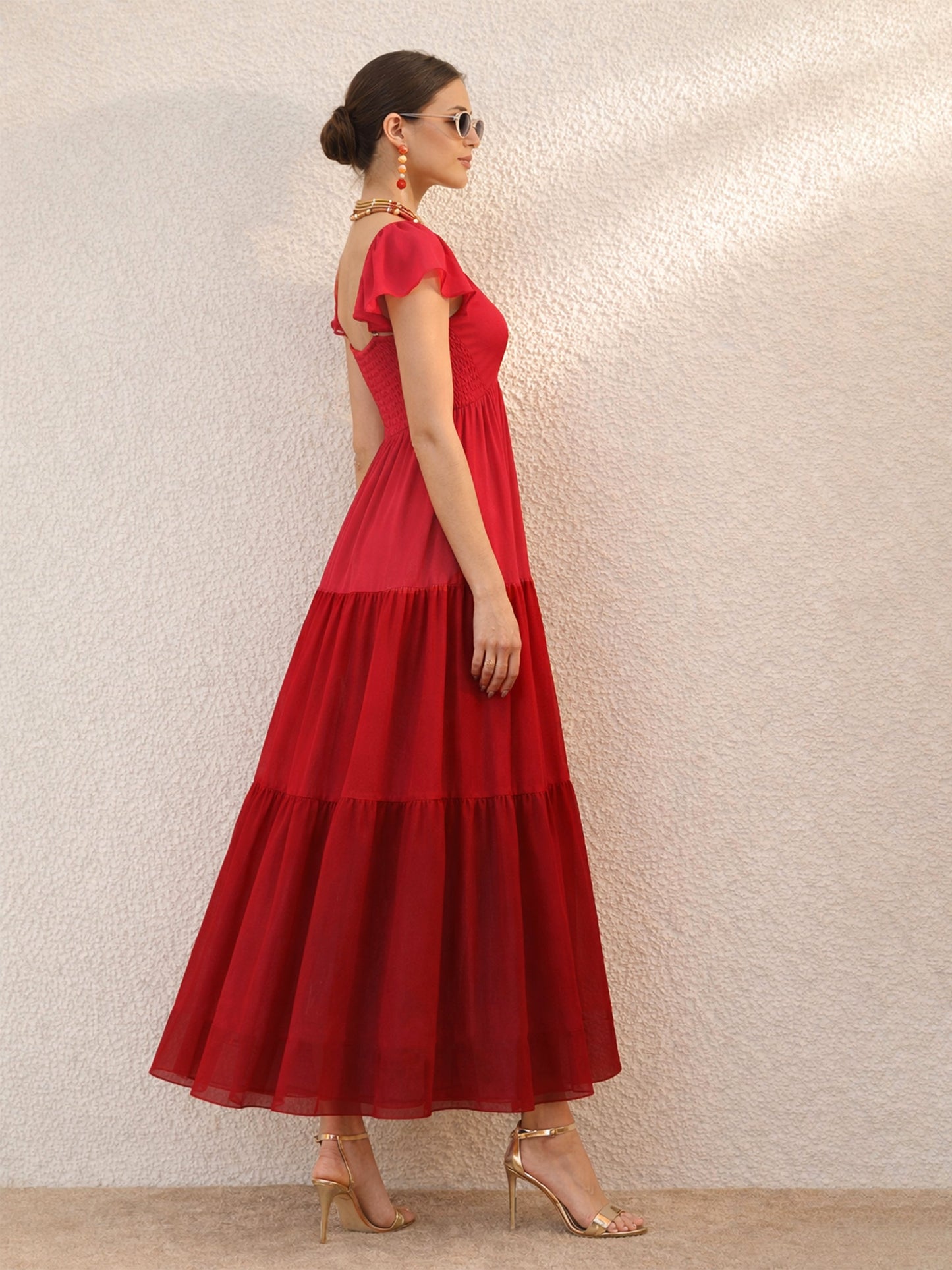 Red Colour Blocked Frill Sleeves Tiered Maxi Dress