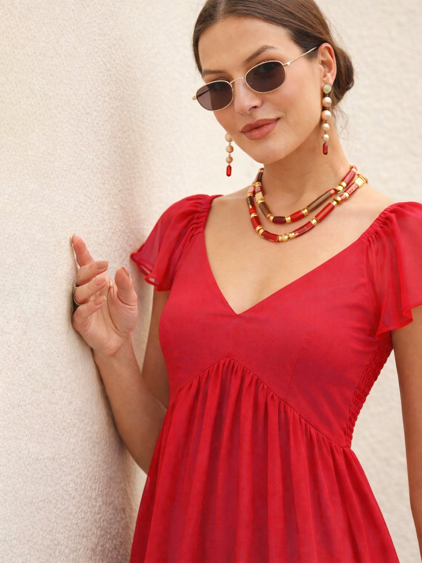 Red Colour Blocked Frill Sleeves Tiered Maxi Dress