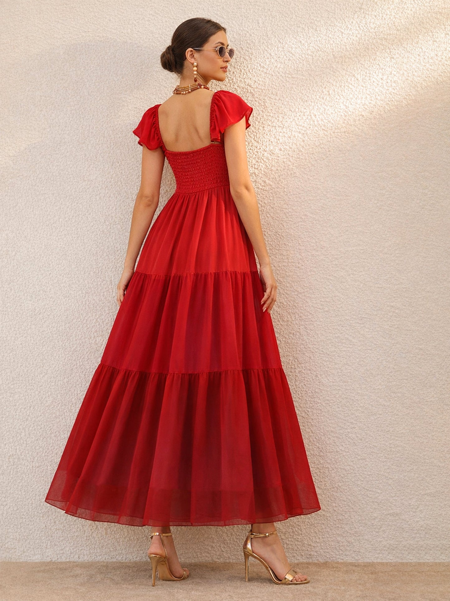 Red Colour Blocked Frill Sleeves Tiered Maxi Dress