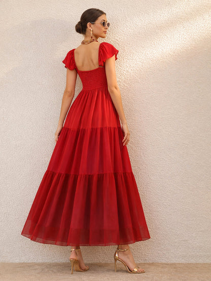 Red Colour Blocked Frill Sleeves Tiered Maxi Dress