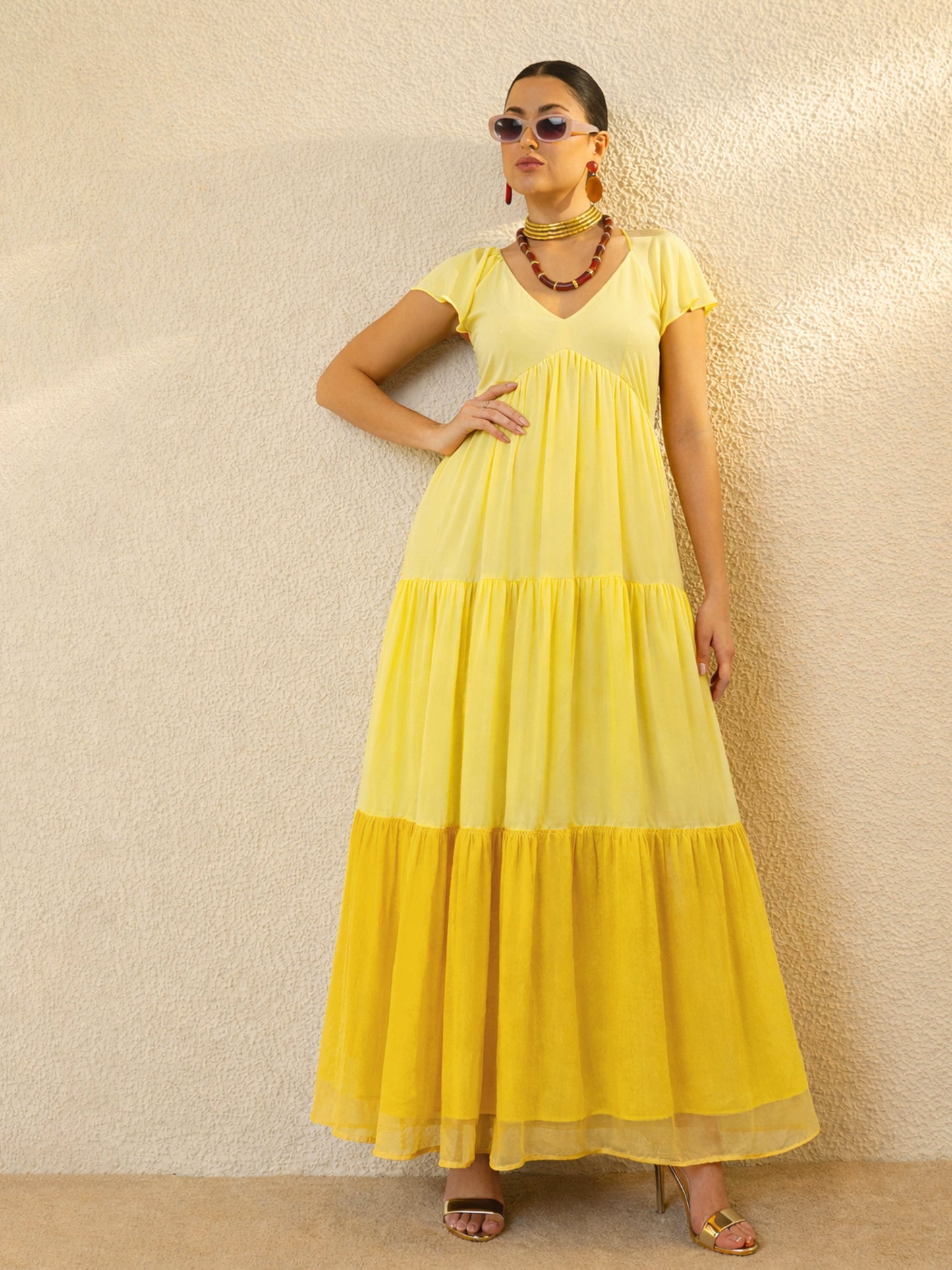Yellow Colour Blocked Frill Sleeves Tiered Maxi Dress