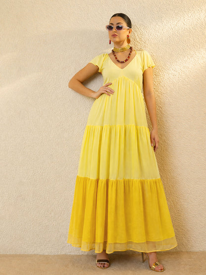Yellow Colour Blocked Frill Sleeves Tiered Maxi Dress