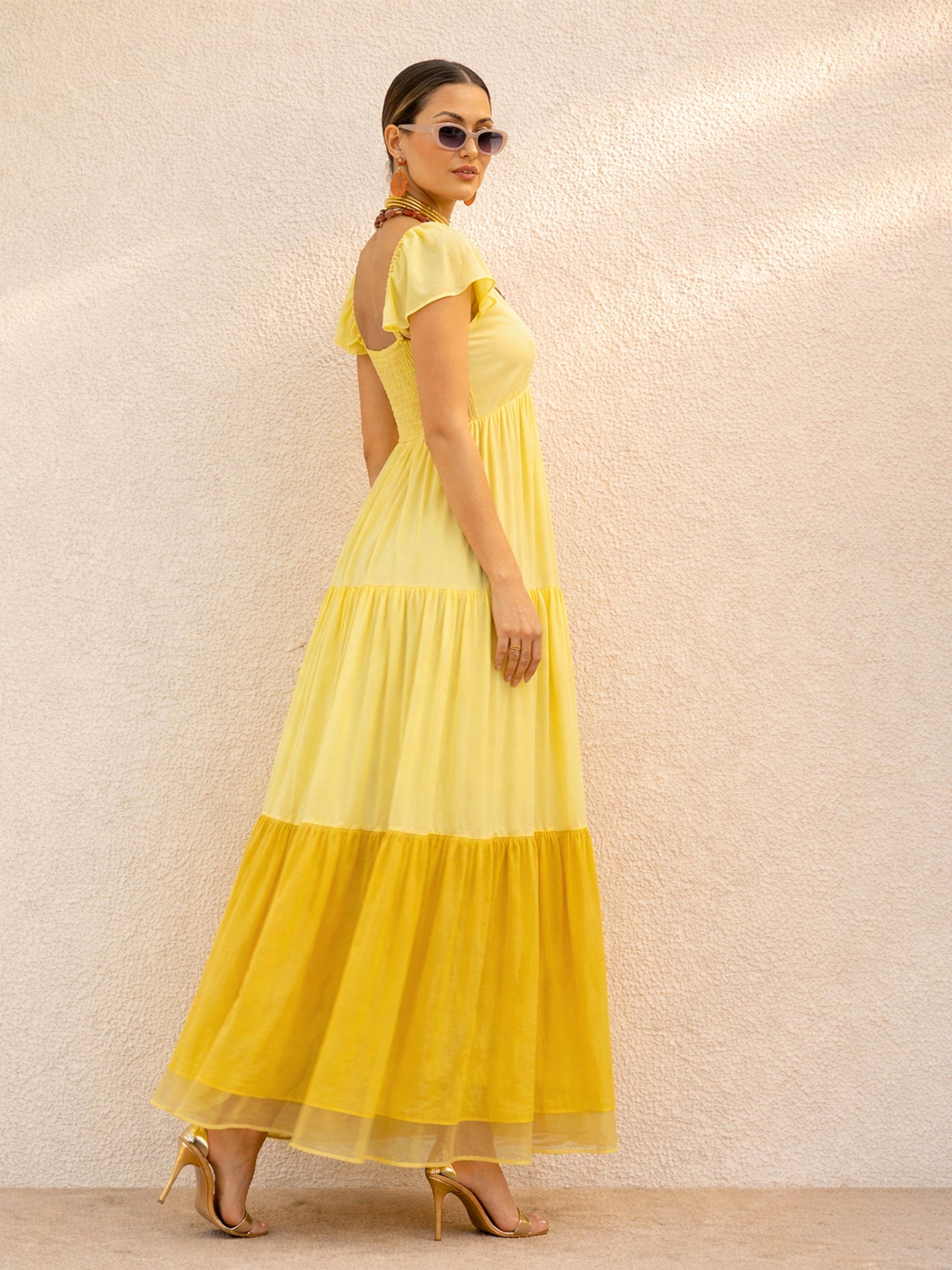 Yellow Colour Blocked Frill Sleeves Tiered Maxi Dress