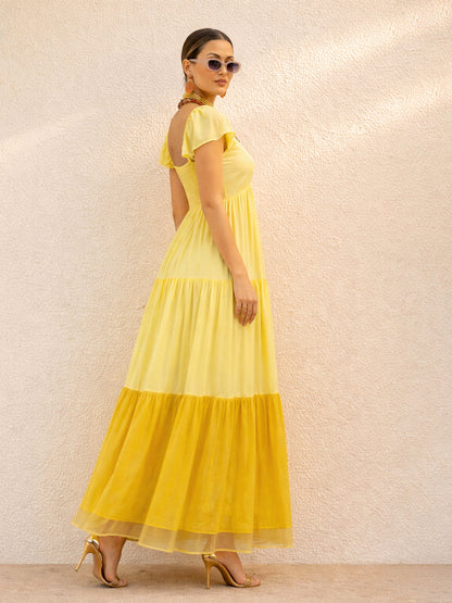 Yellow Colour Blocked Frill Sleeves Tiered Maxi Dress