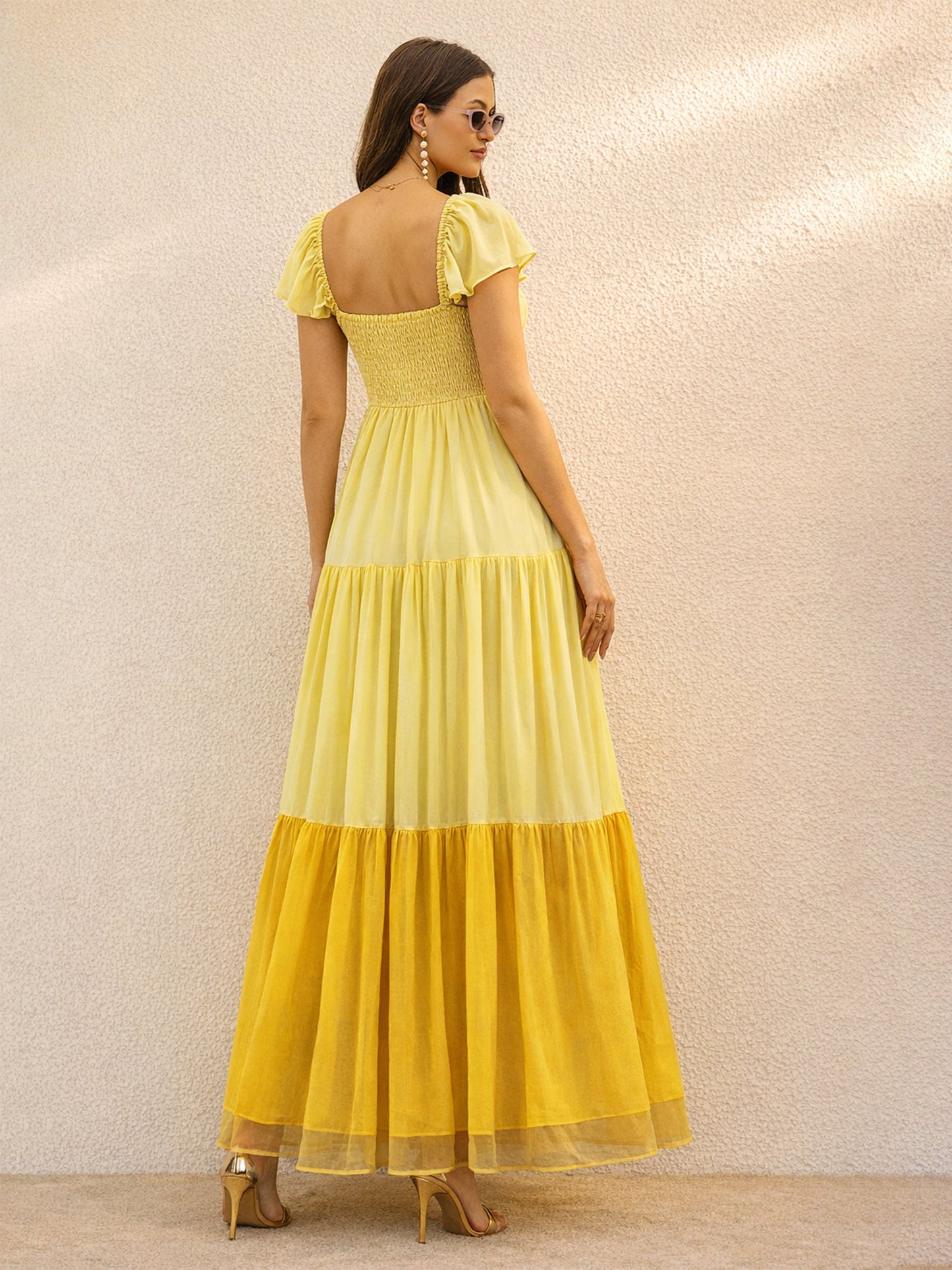 Yellow Colour Blocked Frill Sleeves Tiered Maxi Dress