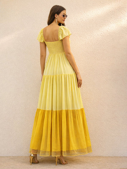 Yellow Colour Blocked Frill Sleeves Tiered Maxi Dress