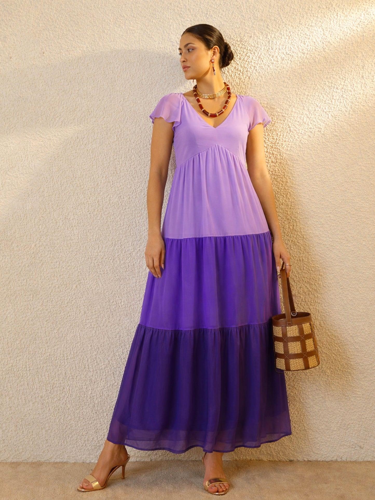 Purple Colour Blocked Frill Sleeves Tiered Maxi Dress