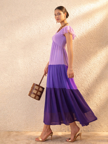 Purple Colour Blocked Frill Sleeves Tiered Maxi Dress