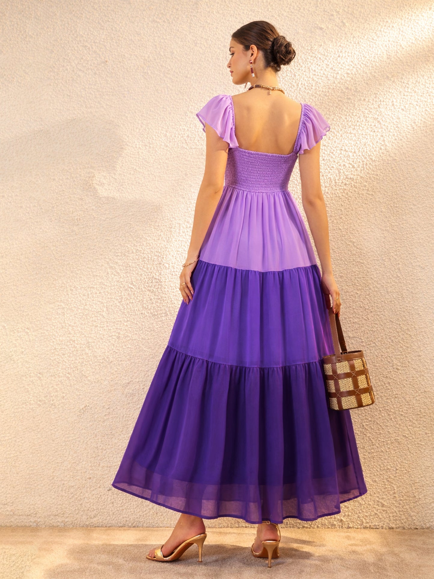 Purple Colour Blocked Frill Sleeves Tiered Maxi Dress