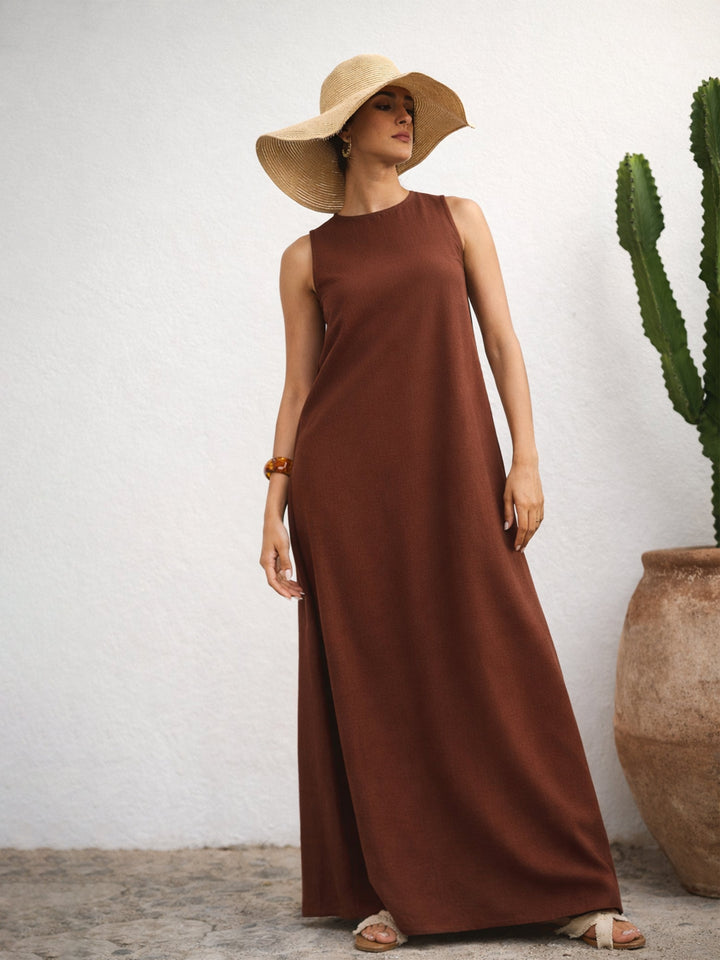 Brown Solid Sleeveless A-Line Maxi Dress
