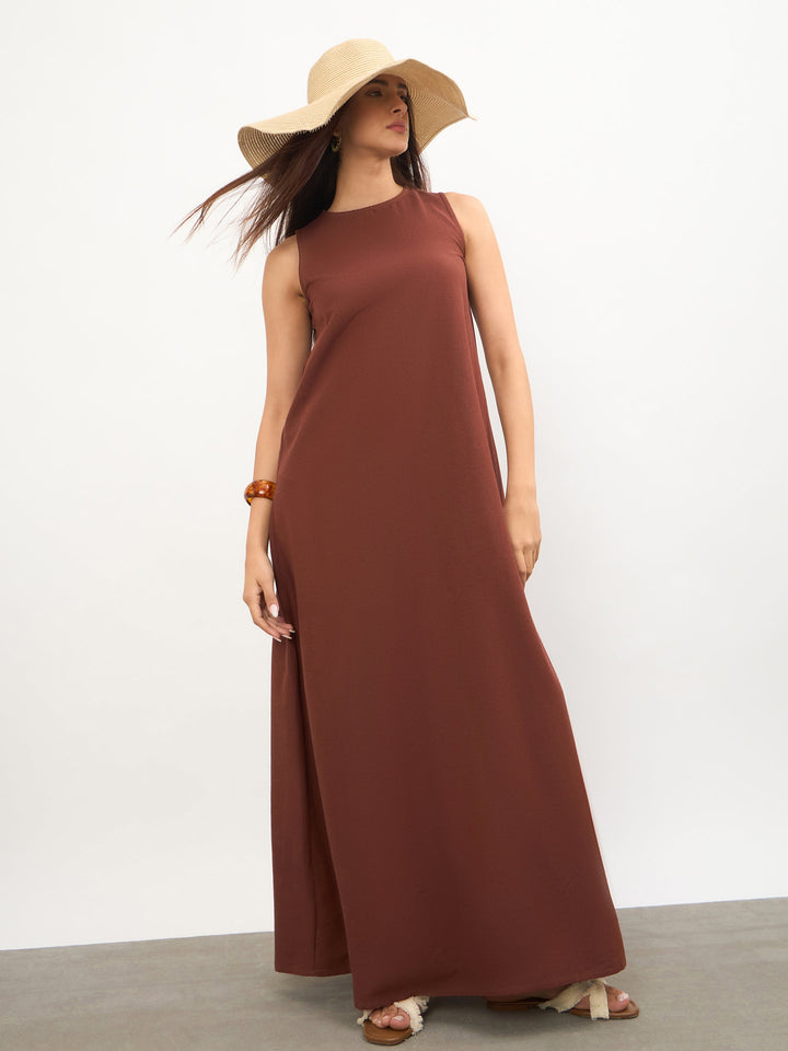 Brown Solid Sleeveless A-Line Maxi Dress