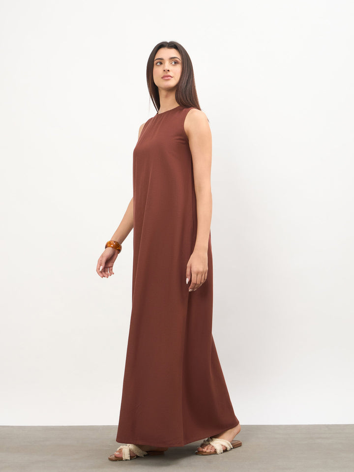 Brown Solid Sleeveless A-Line Maxi Dress