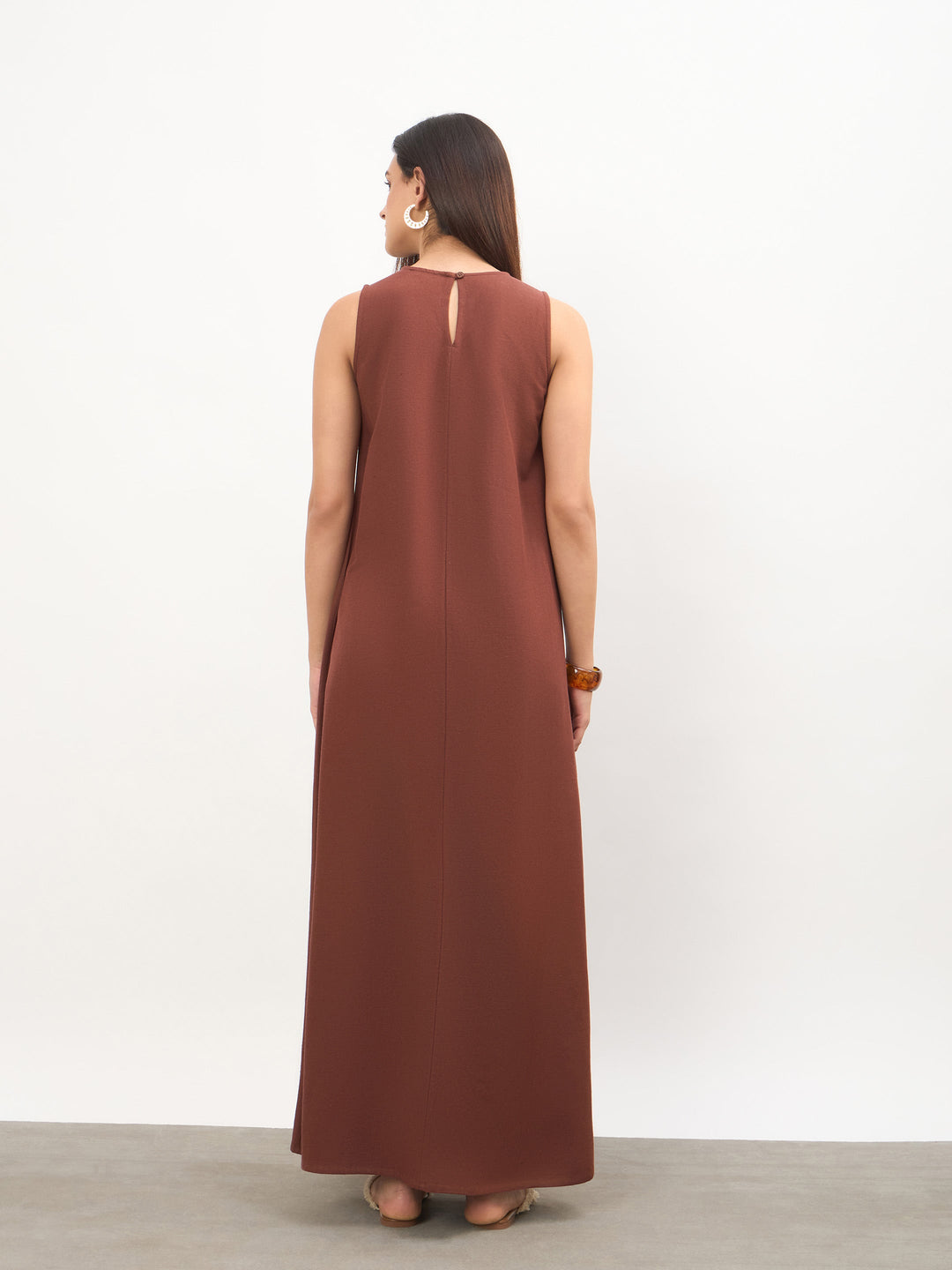 Brown Solid Sleeveless A-Line Maxi Dress