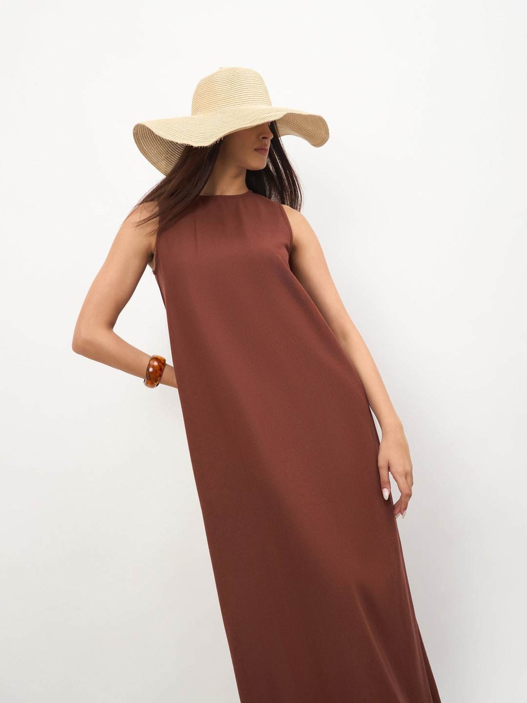 Brown Solid Sleeveless A-Line Maxi Dress