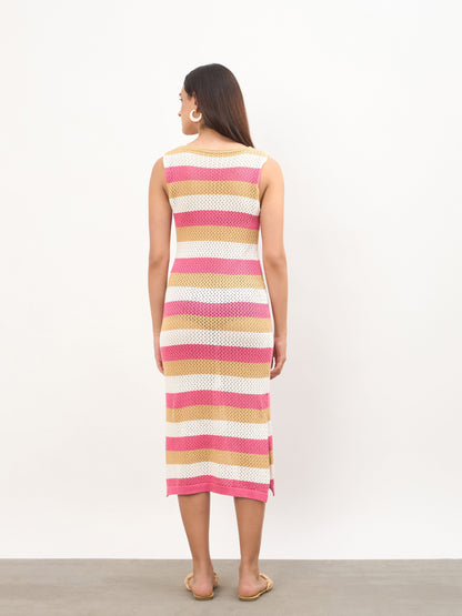 Pink Crochet Sleeveless Beach Midi Dress