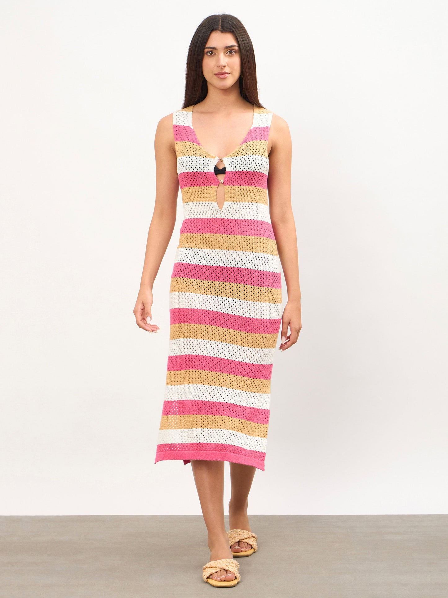 Pink Crochet Sleeveless Beach Midi Dress