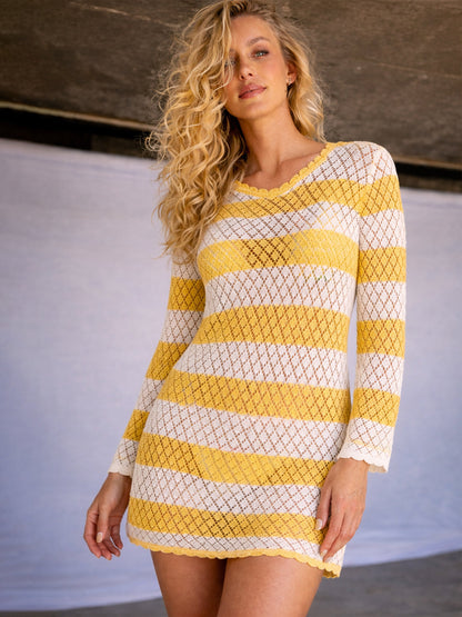 Mustard & White Crochet Full Sleeve Short Beach Dress