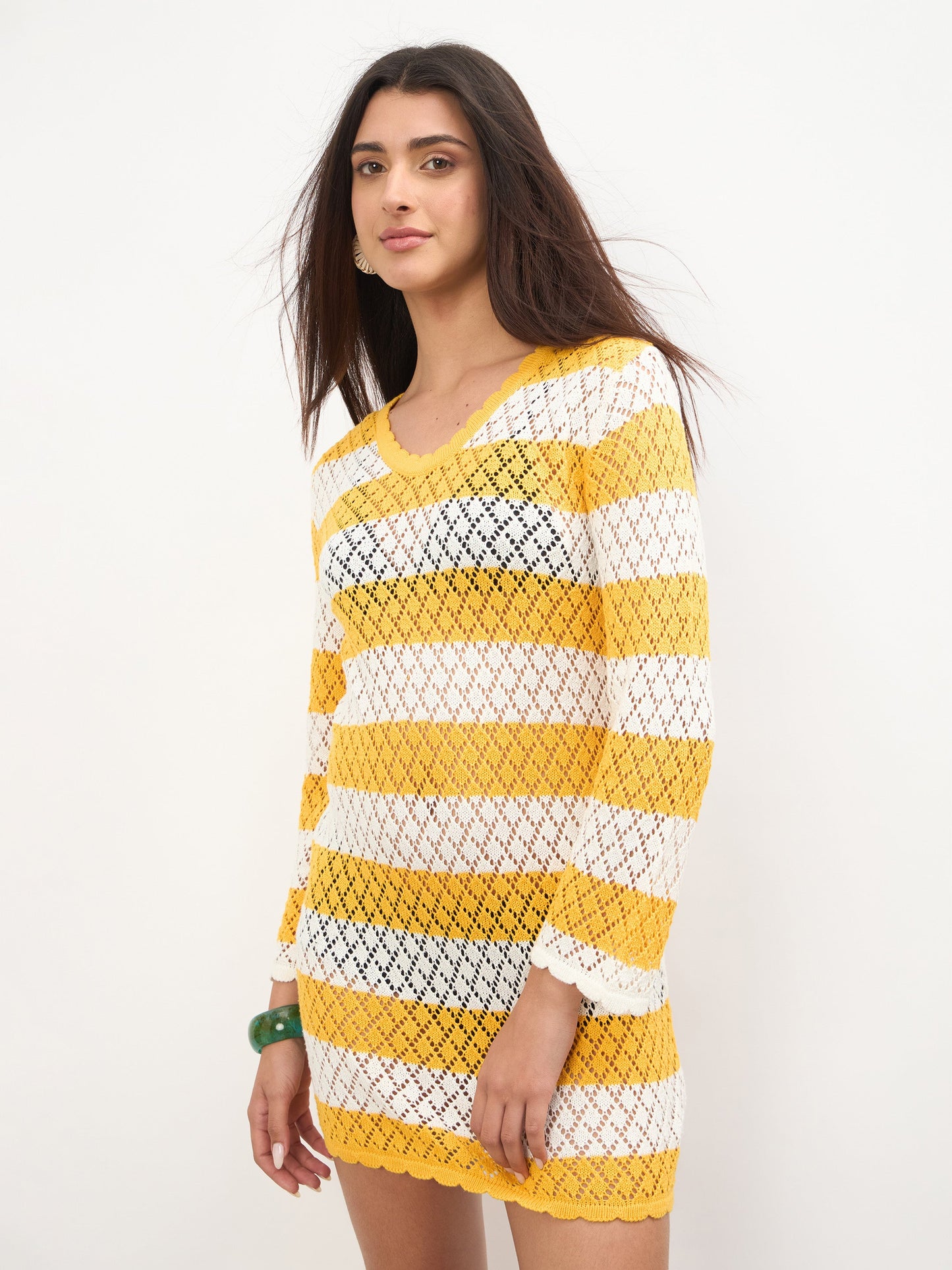 Mustard & White Crochet Full Sleeve Short Beach Dress