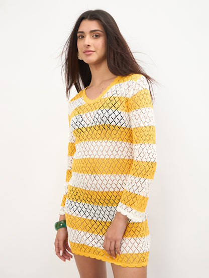 Mustard & White Crochet Full Sleeve Short Beach Dress
