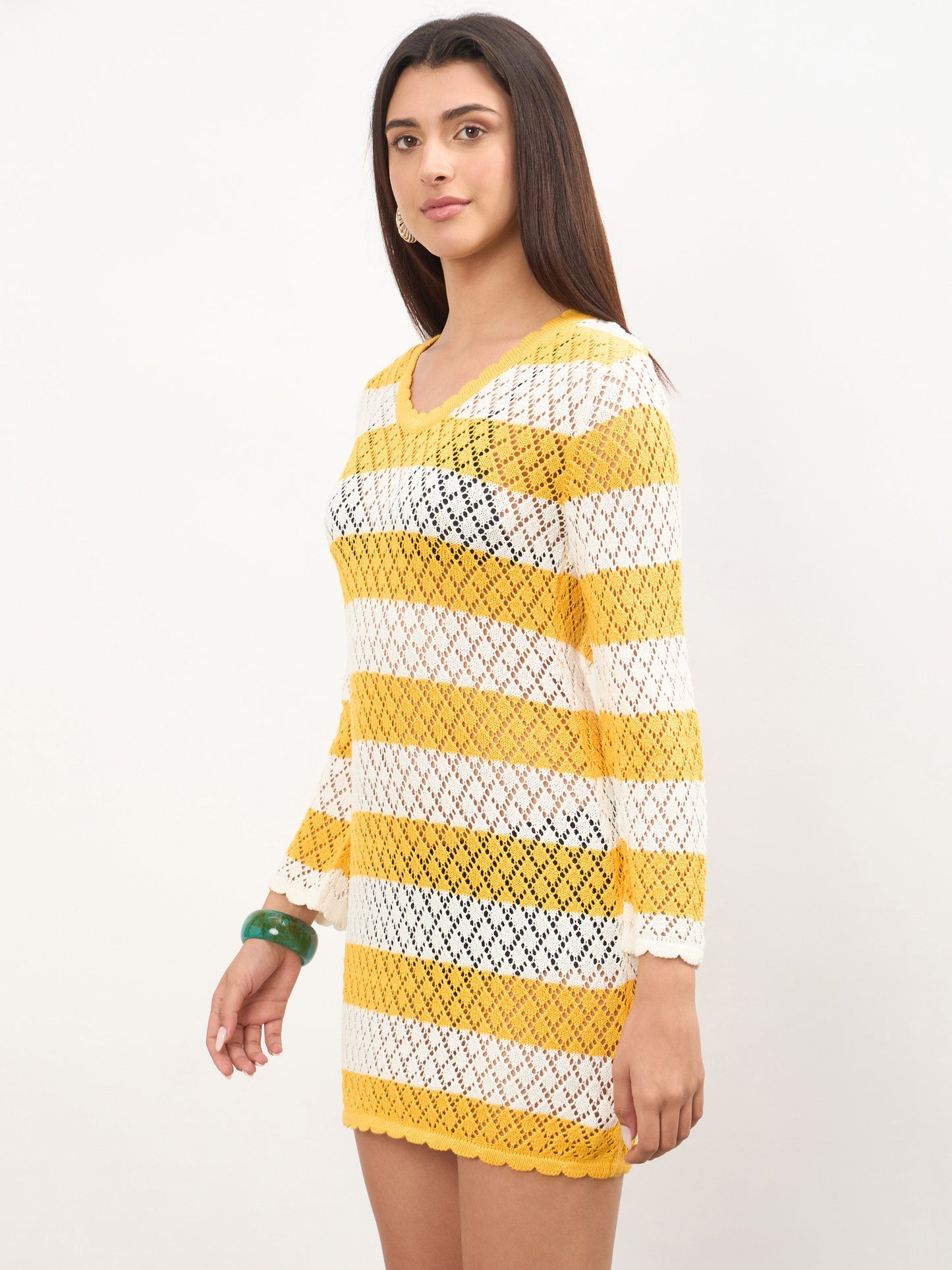 Mustard & White Crochet Full Sleeve Short Beach Dress