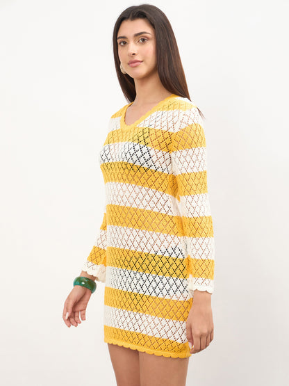 Mustard & White Crochet Full Sleeve Short Beach Dress