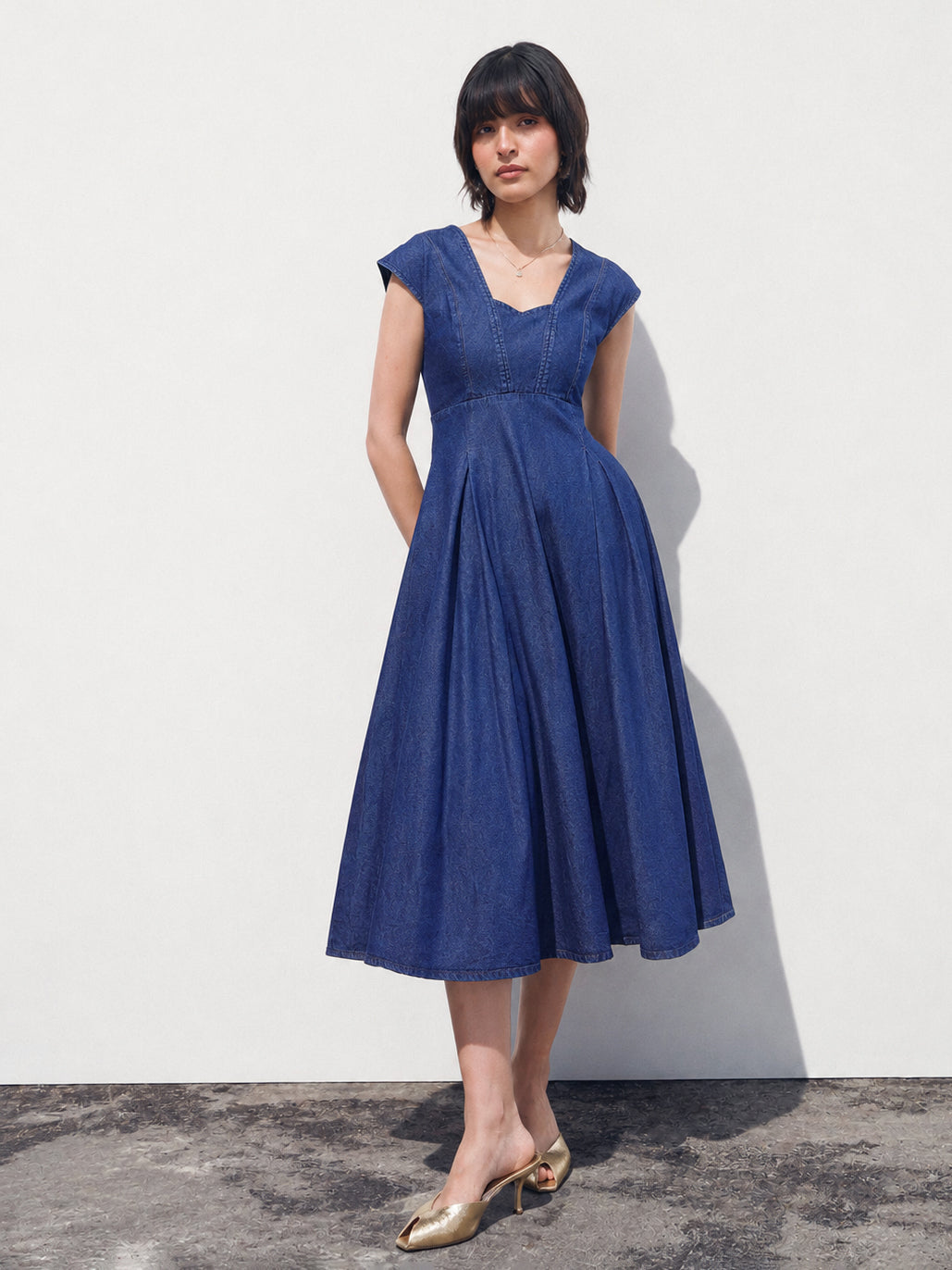 Women Navy Denim Sweetheart Neck A-Line Midi Dress