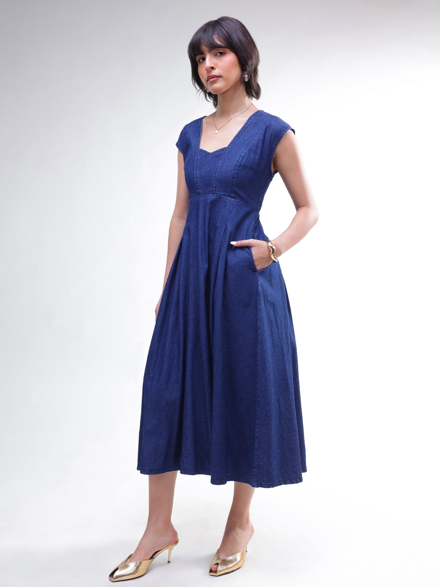 Women Navy Denim Sweetheart Neck A-Line Midi Dress