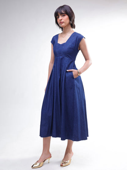 Women Navy Denim Sweetheart Neck A-Line Midi Dress