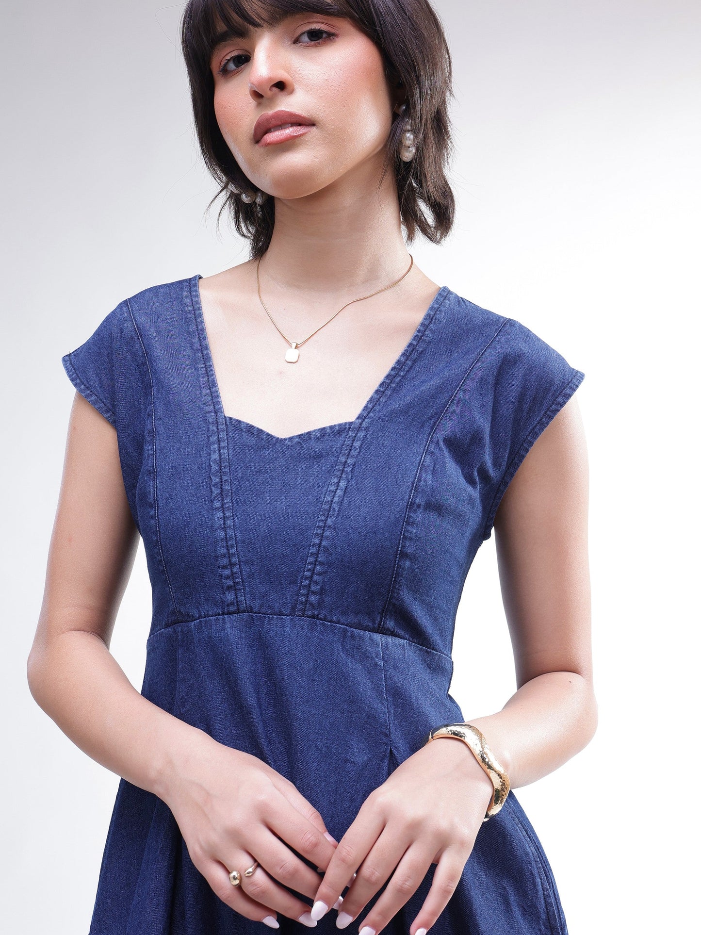Women Navy Denim Sweetheart Neck A-Line Midi Dress
