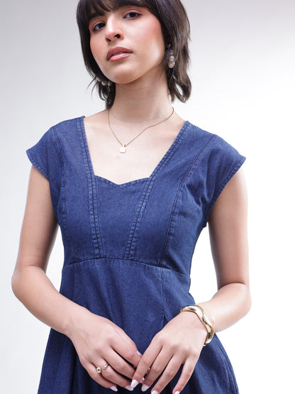 Women Navy Denim Sweetheart Neck A-Line Midi Dress