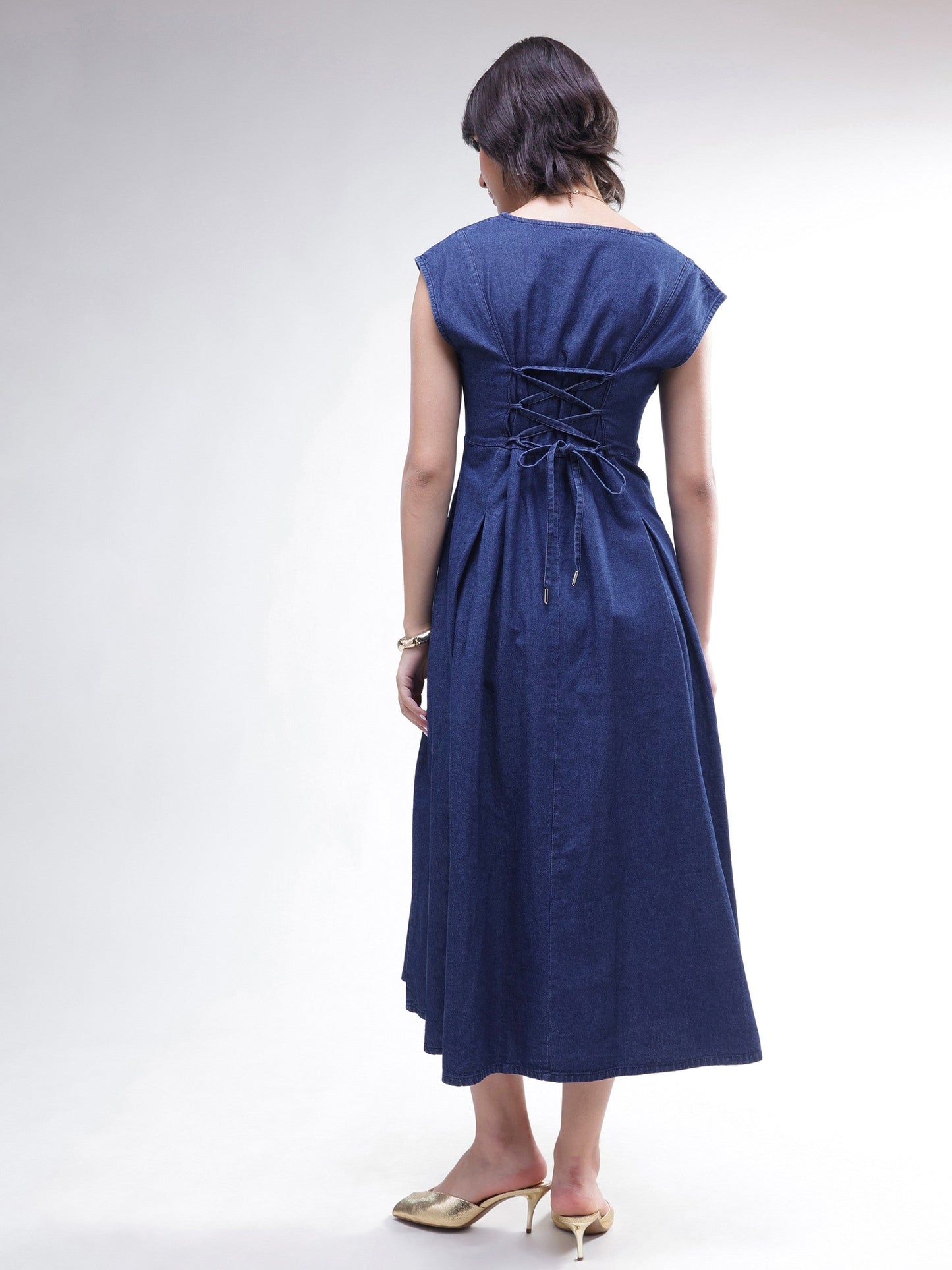 Women Navy Denim Sweetheart Neck A-Line Midi Dress
