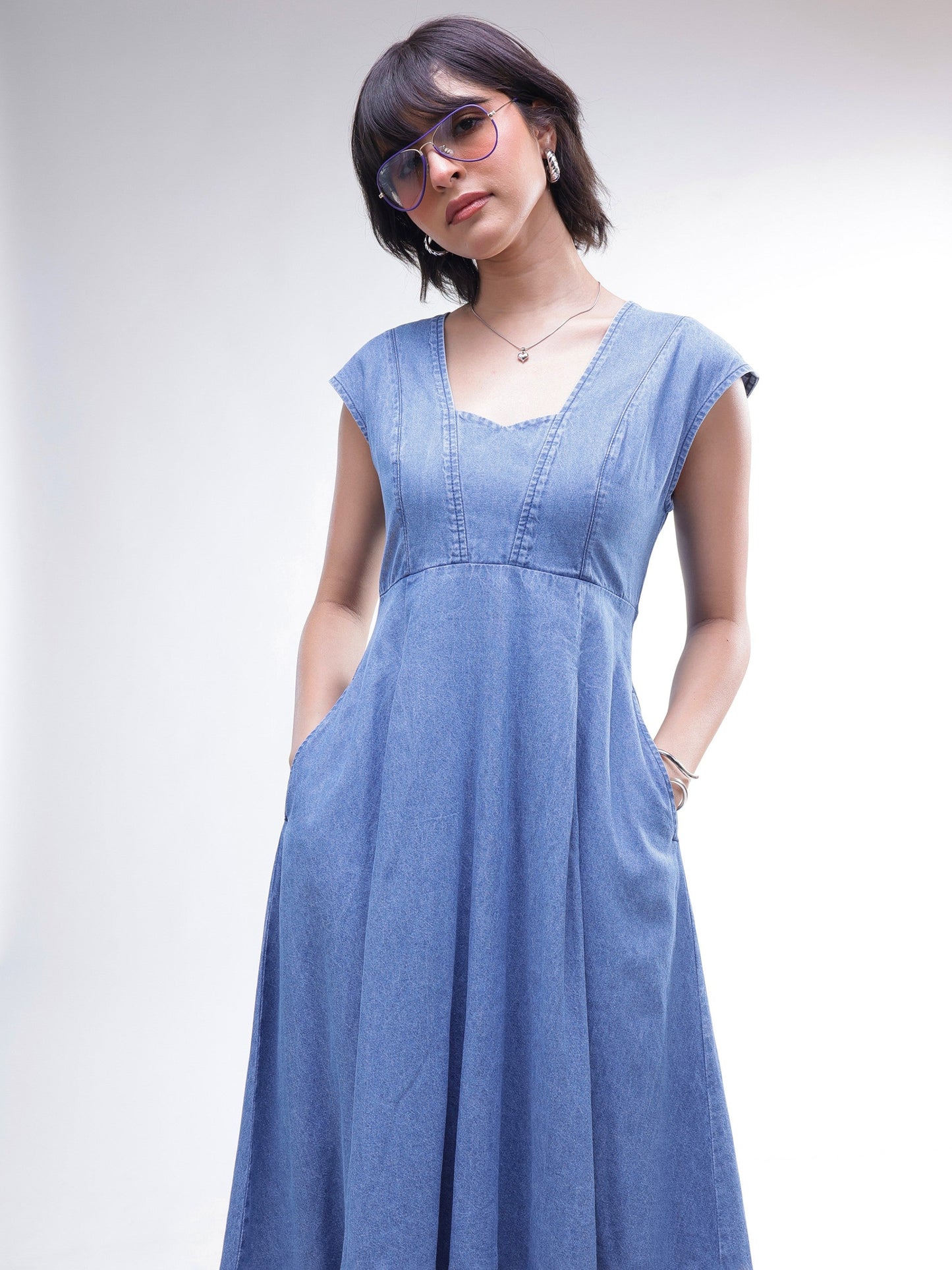 Women Blue Denim Sweetheart Neck A-Line Midi Dress