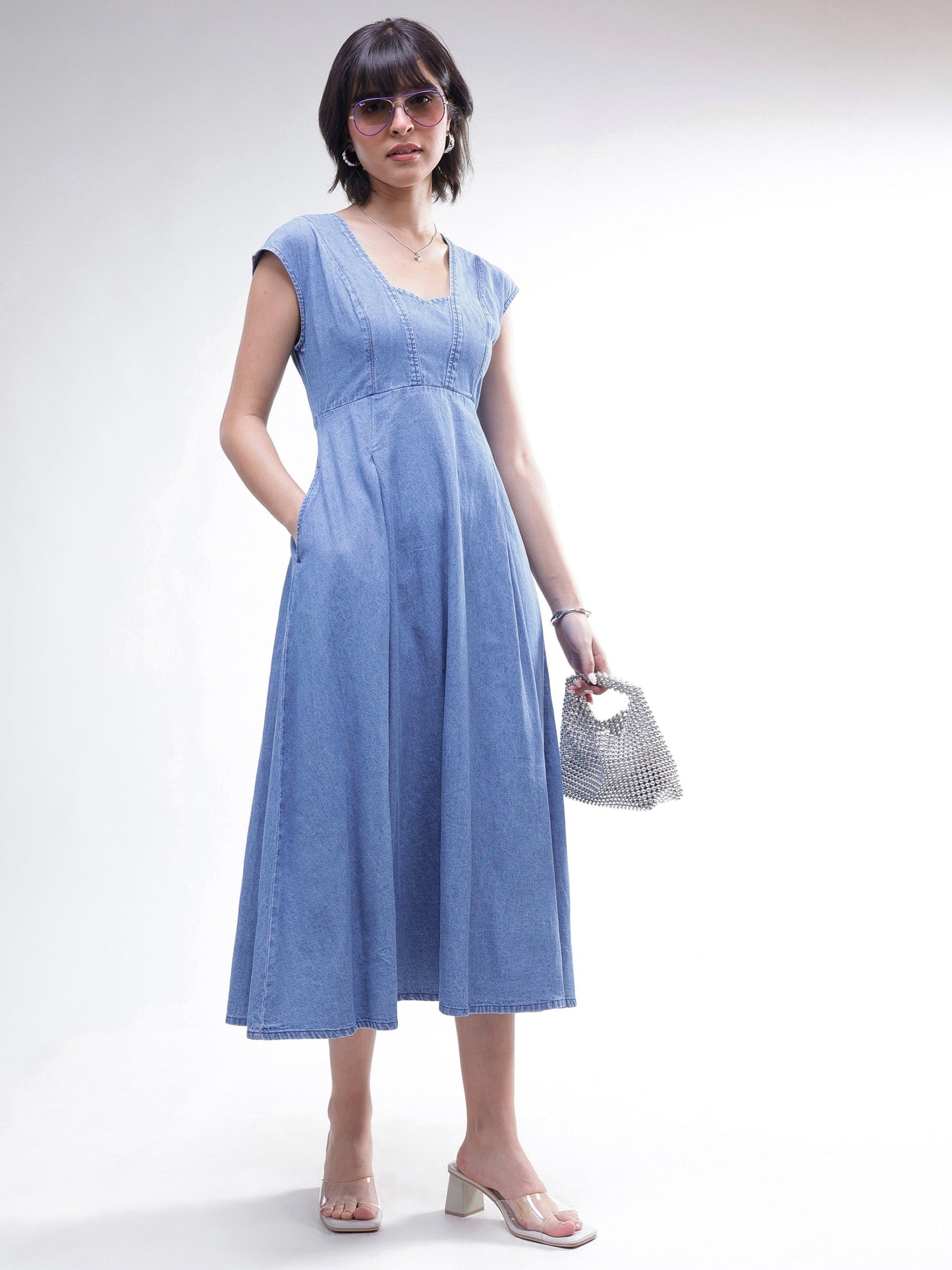 Women Blue Denim Sweetheart Neck A-Line Midi Dress