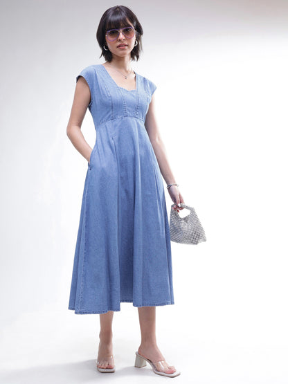 Women Blue Denim Sweetheart Neck A-Line Midi Dress