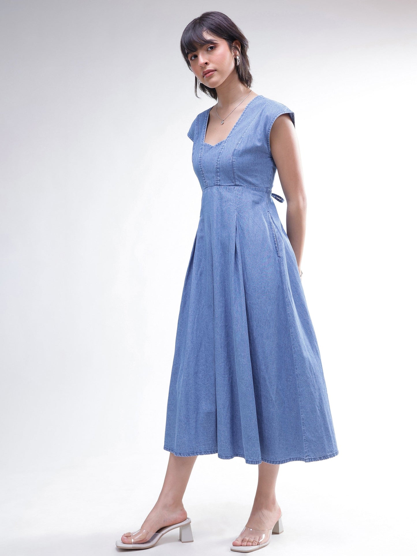 Women Blue Denim Sweetheart Neck A-Line Midi Dress