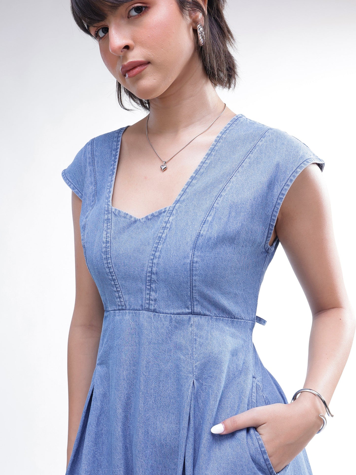 Women Blue Denim Sweetheart Neck A-Line Midi Dress