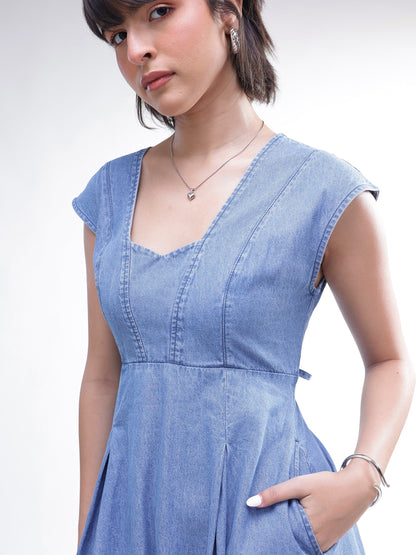 Women Blue Denim Sweetheart Neck A-Line Midi Dress
