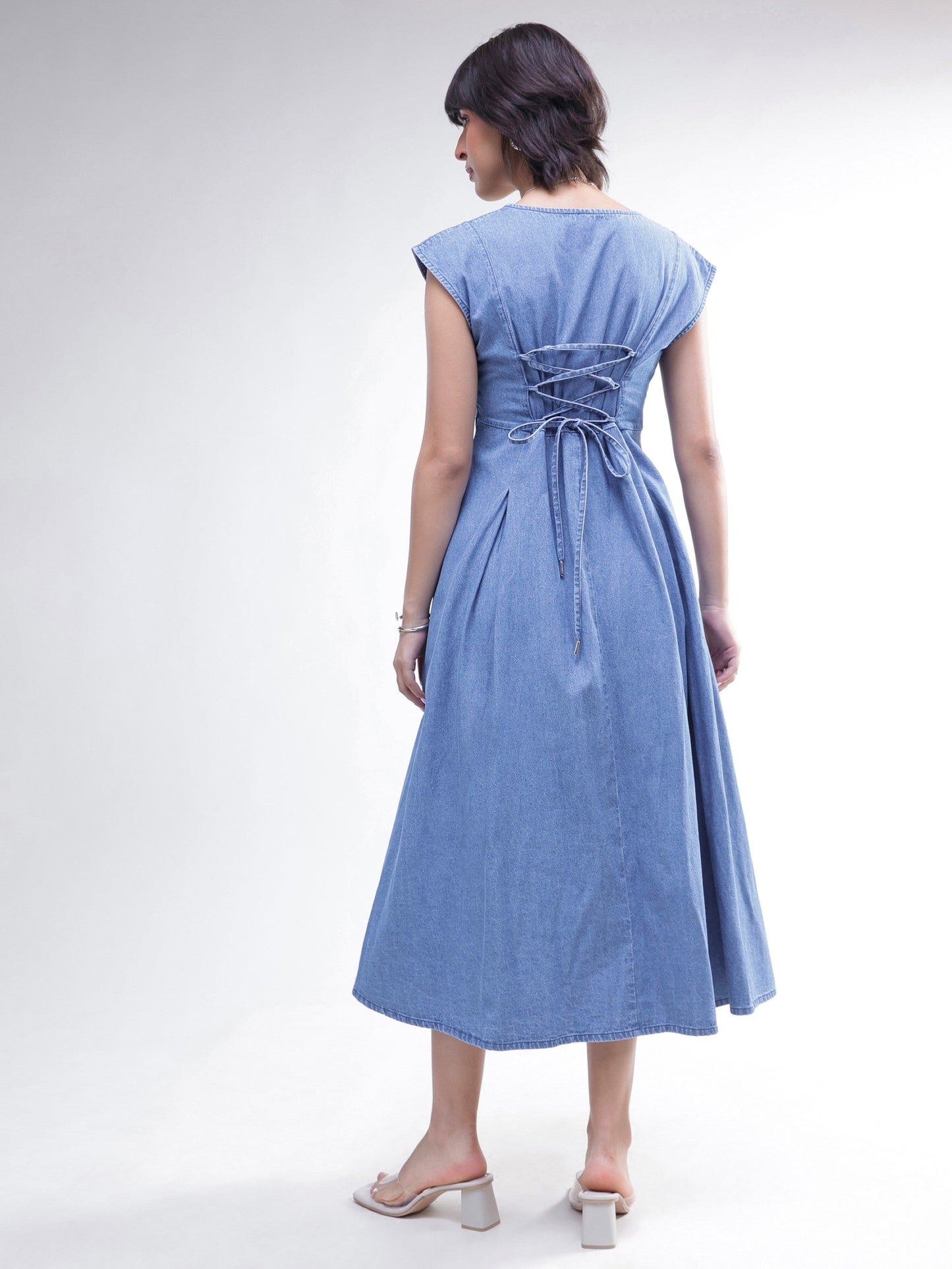 Women Blue Denim Sweetheart Neck A-Line Midi Dress