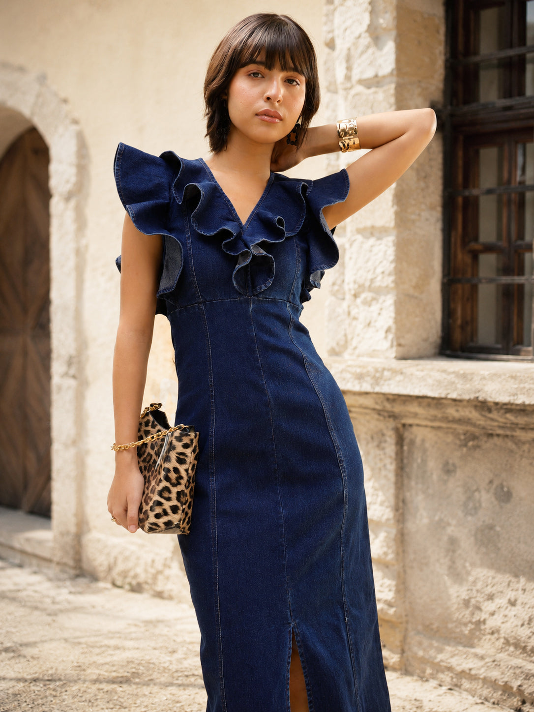Women Navy V Neck Front Ruffle Midi Dress