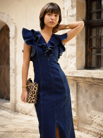 Women Navy V Neck Front Ruffle Midi Dress