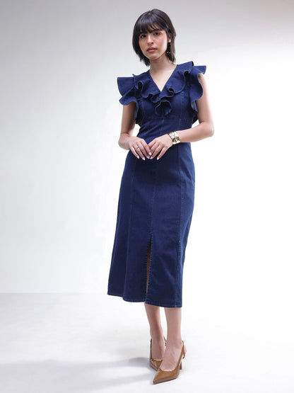 Women Navy V Neck Front Ruffle Midi Dress