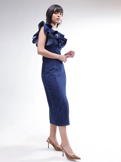 Women Navy V Neck Front Ruffle Midi Dress