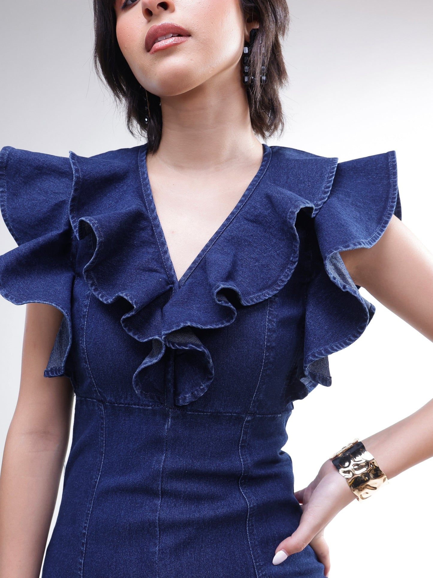 Women Navy V Neck Front Ruffle Midi Dress