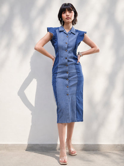 Women Blue Colour Block Denim Button Down Midi Dress